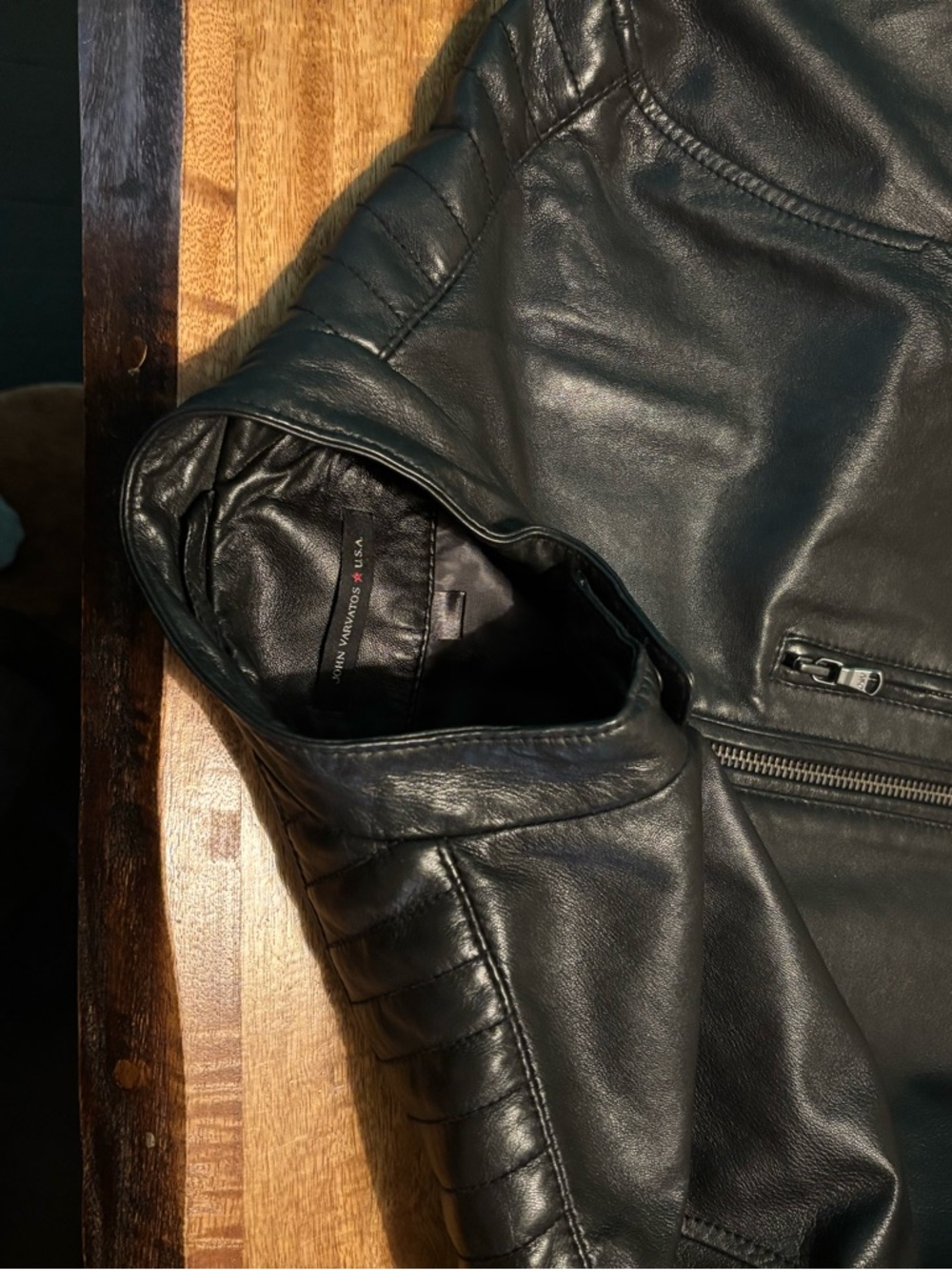 John Varvatos Black Leather Bomber Jacket - Picture 3 of 5